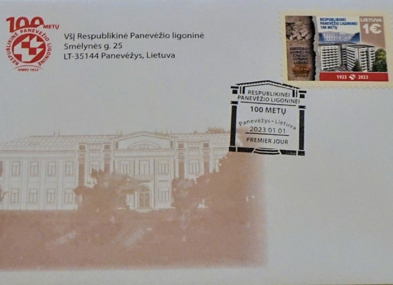 2023-01-01 PDA „Panevėžio ligoninei 100 metų“ pirmos dienos pašto vokas