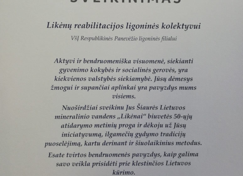 Vienintelės Šiaurės Lietuvos mineralinio vandens biuvetės 50-mečio proga mus sveikina